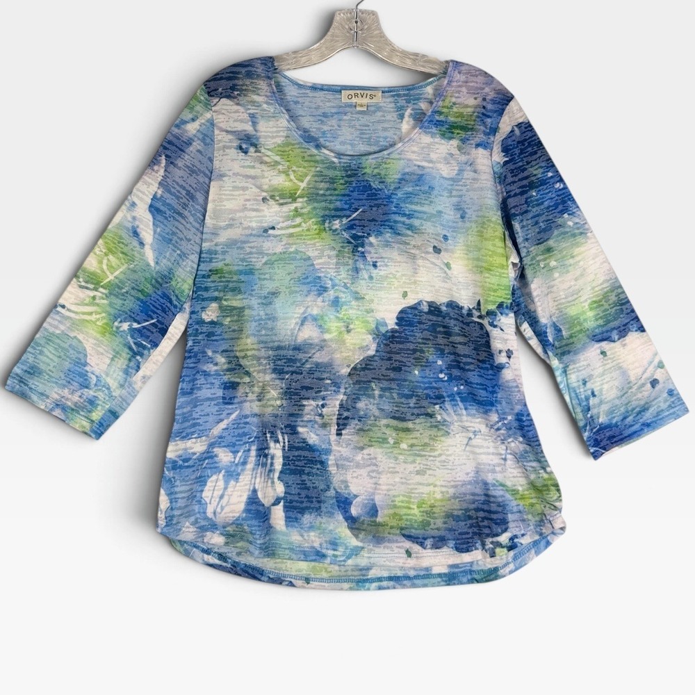 Orvis T-Shirt Floral Watercolor Womens Large Blue Green 3/4 Sleeve Slub NWOT